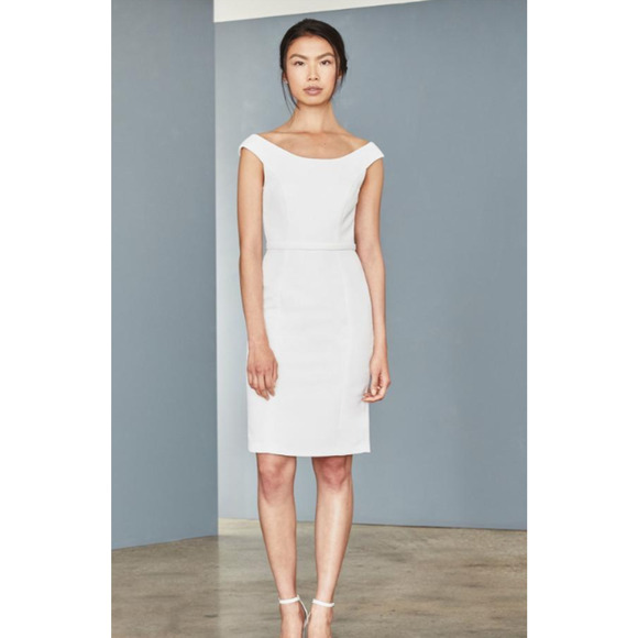 AMSALE Faille Cocktail Dress 18 Silk White Off Shoulder Sheath Knee Length - Picture 1 of 13